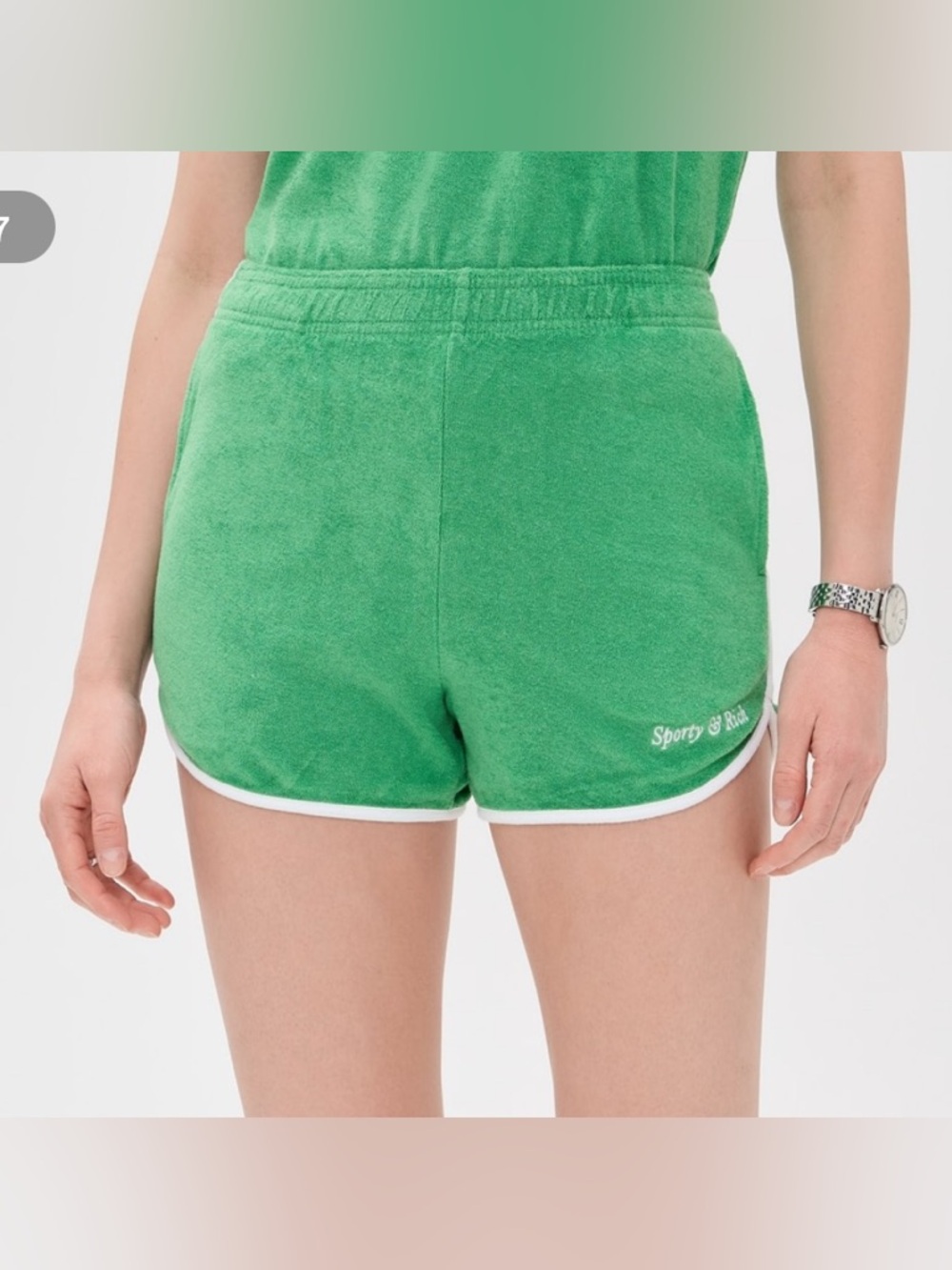 Sporty & Rich Green Terry Athletic Shorts with White Trim